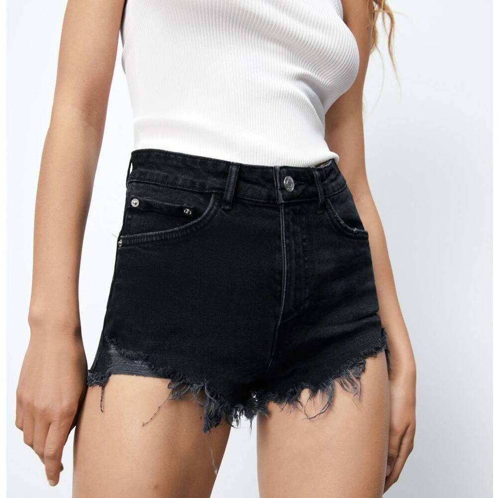 Zara High Rise Denim Shorts Distressed Ripped Raw Hem Fringe